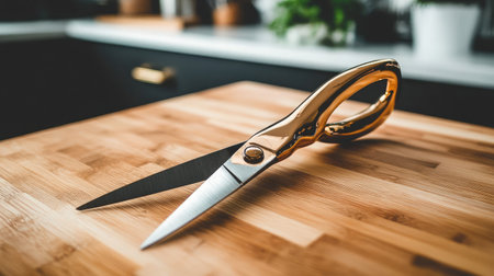A close-up view of elegant gold scissors resting on a wooden cutting board, showcasing a modern kitchen ambiance enhanced by natural light and minimal decor.の素材