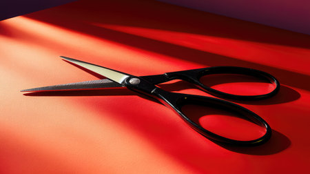 An artistic image of sharp scissors positioned on a vibrant red surface, enveloped in dynamic light and shadow, perfect for creative projects and design inspirations.の素材