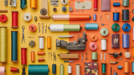Vibrant flat lay of sewing supplies including threads, scissors, and a sewing machine, perfect for crafting, DIY, and tailoring enthusiasts looking for inspiration.の素材