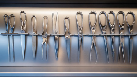 Display of assorted scissors and cutting tools arranged on a sleek metal rack, showcasing precision and hygienic design, ideal for professional kitchens or sewing environments.の素材