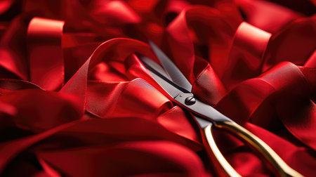 A pair of elegant black scissors rests on a rich, shiny red ribbon, creating a striking visual for celebrations, crafting projects, or decorative purposes with vibrant colors and textures.の素材