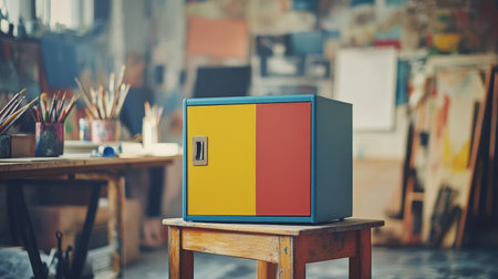 A vibrant storage box in yellow and red rests on a wooden stool in a creative studio, surrounded by art supplies and paintings, offering a glimpse into artistic inspiration and organization.の素材