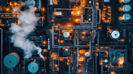 Stunning aerial shot of a sprawling industrial complex at night, showcasing intricate pipes, glowing lights, and smoke, capturing modern manufacturing and energy production processes.の素材