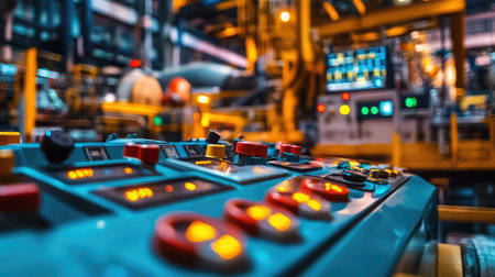 A vibrant control panel with colorful buttons and indicators dominates the scene, set against a backdrop of intricate machinery and industrial equipment.の素材