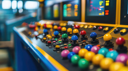 A vibrant control panel showcasing an array of colorful buttons and joysticks, designed for operators in an industrial setting to manage machinery effectively and safely.の素材
