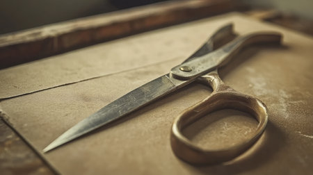 This image features classic scissors resting on a wooden surface, highlighting the craftsmanship and rustic charm of the tool, ideal for creative projects and home decor.の素材