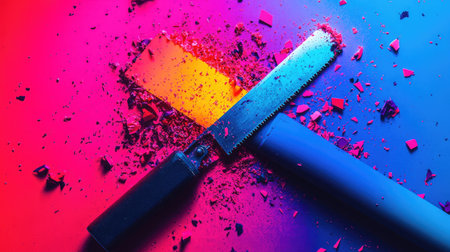An artistic representation of a saw surrounded by colorful debris, with a striking blend of blue, pink, and orange lighting, perfect for creative projects and modern design concepts.の素材