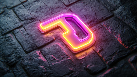 This image features a glowing neon letter D on a textured dark background, perfect for modern designs, digital creations, and artistic projects that require a vibrant touch.の素材