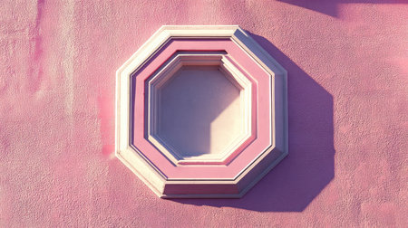 A striking octagonal window frame adorns a vibrant pink wall, highlighting contemporary architectural features and artistic design in an eye-catching urban environment.の素材