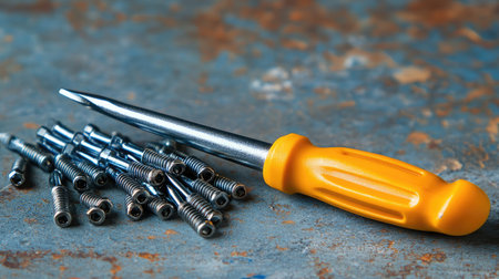 A vivid image of a yellow-handled screwdriver resting among steel screws on a textured metal surface, ideal for DIY enthusiasts and construction professionals seeking inspiration.の素材