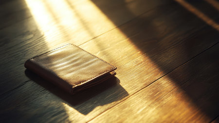 A beautifully crafted leather wallet rests on a wooden floor, illuminated by soft natural light, showcasing its elegant texture and the warmth of the setting, perfect for stylish presentations.の素材