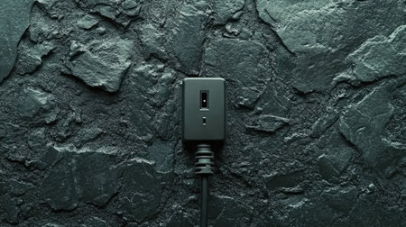 A sleek black power adapter mounted on a dark textured wall, showcasing a minimalist design suitable for modern tech environments and contemporary settings.の素材