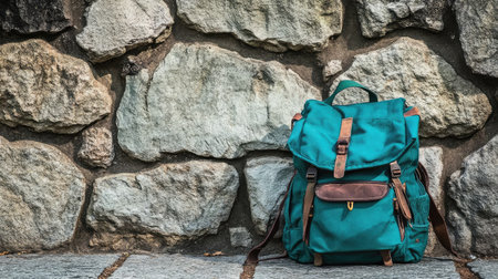 A stylish turquoise backpack rests against a rustic stone wall, ideal for outdoor adventures, travel, and everyday use. Embrace nature with this fashionable gear.の素材
