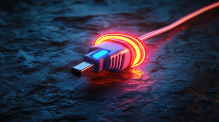 A striking close-up of a futuristic USB connector, glowing with vibrant neon lights, set against a dark textured surface, ideal for technology-related themes and creative projects.の素材