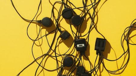 An artistic arrangement of tangled black cords and chargers on a vibrant yellow background. This composition captures the chaos of modern technology in a stylish and engaging way.の素材