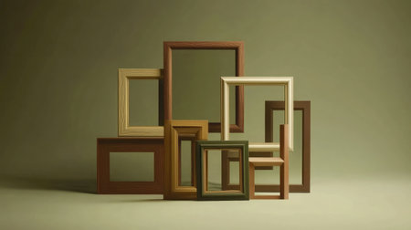 An artistic display of wooden picture frames in multiple shapes and sizes against a soft green backdrop, perfect for enhancing creativity in interior design and photography projects.の素材