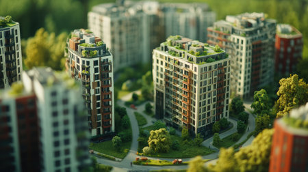 A vibrant depiction of modern urban living showcasing architectural designs and green spaces in a sustainable community. Emphasizes innovative ideas in city planning.の素材