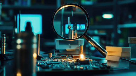 A detailed close-up image features a circuit board under a magnifying glass, highlighting intricate components in a modern workshop filled with tools and electronic devices.の素材