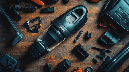 A chic handheld vacuum cleaner with various attachments, resting on a wooden table, showcasing its modern design, practicality, and efficiency for effective cleaning in any home.の素材