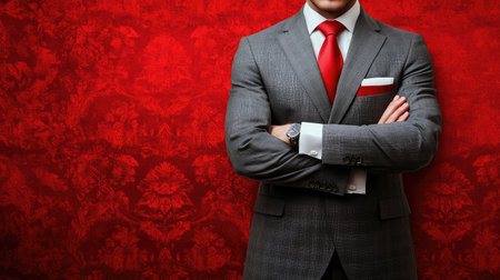 A sharp-dressed businessman stands confidently with arms crossed, showcasing a formal suit and striking red tie against an elegant red background, exuding professionalism and style.の素材