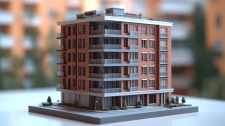 A detailed architectural model showcasing a modern residential building with multiple balconies, perfect for real estate projects and design visualizations in urban settings.の素材