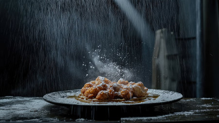 A beautifully arranged plate of crispy fried chicken dusted with flour, enhanced by dramatic flour spray, creating a culinary masterpiece that tantalizes the senses.の素材