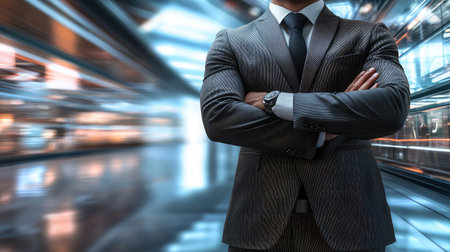 This image features a confident businessman in a suit standing with arms crossed in a modern office, embodying professionalism and corporate success in a dynamic environment.の素材