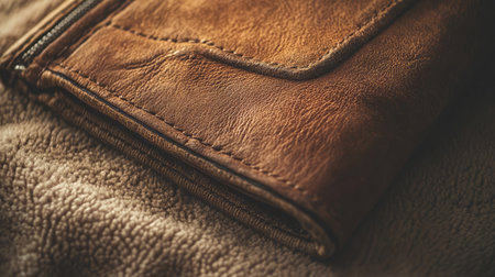 This image features a close-up view of an aged brown leather wallet resting on a soft textile surface, highlighting its texture and craftsmanship, ideal for lifestyle and fashion themes.の素材