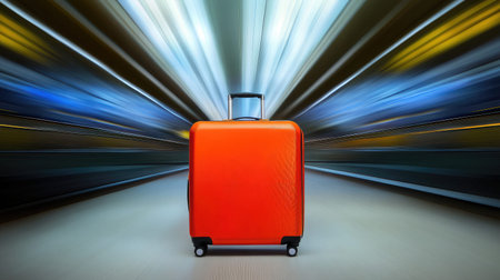 A bright orange suitcase stands alone amidst a colorful blur, capturing the essence of travel and adventure in a busy urban setting, inviting exploration and excitement.の素材