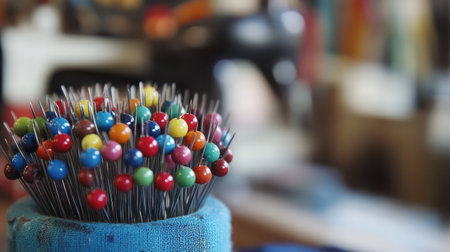 A vibrant collection of colorful sewing pins arranged in a cushion, surrounded by a softly blurred craft room backdrop, perfect for sewing and crafting projects.の素材