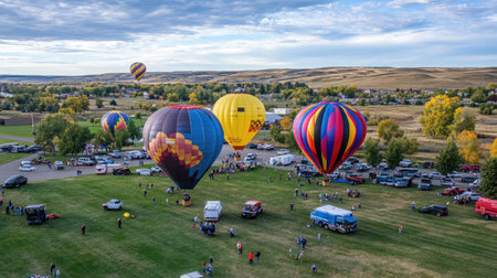 A stunning view of colorful hot air balloons floating above a lively outdoor festival, with participants enjoying the beautiful scenery and clear blue sky in a vibrant setting.の素材