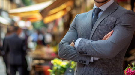 A stylish businessman confidently poses with arms crossed in an urban market scene, showcasing elegance and professionalism amidst a vibrant, cheerful background.の素材