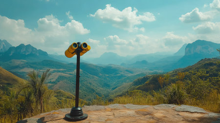 A striking view of a binoculars setup on a rocky platform, overlooking a breathtaking landscape of mountains and valleys under a clear sky. Ideal for nature enthusiasts.の素材