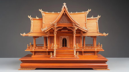 This stunning wooden model showcases the intricate details of traditional Thai architecture, highlighting exceptional craftsmanship and natural beauty in a striking design.の素材