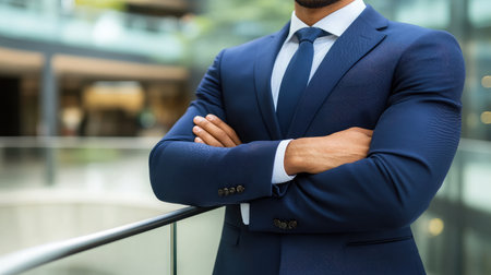 A confident businessman exudes professionalism in a tailored suit, standing with arms crossed in a modern office space, showcasing contemporary design and natural light.の素材