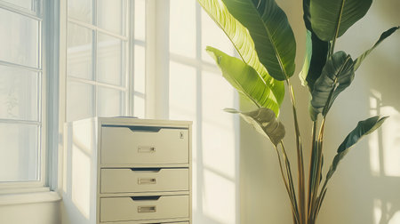 A serene office space combining a vintage filing cabinet and a vibrant green plant, illuminated by soft natural sunlight, creating a peaceful and productive working atmosphere.の素材