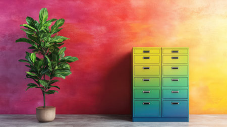 Bright and vibrant scene featuring a modern storage cabinet and a decorative plant against a colorful gradient wall, perfect for inspiration in interior design.の素材