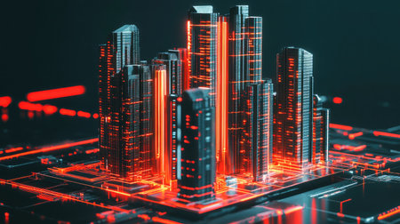 This captivating urban cityscape features sleek skyscrapers illuminated by glowing neon lights, set in a high-tech environment that evokes a sense of futuristic innovation.の素材
