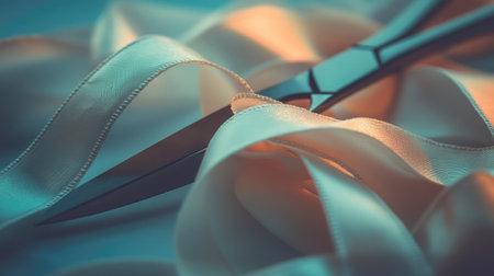Close-up view of elegant scissors resting on soft satin ribbon, ideal for creative projects, gift wrapping, or artistic presentations, evoking beauty and sophistication.の素材
