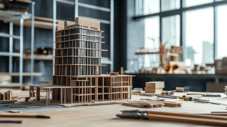 An intricate architectural model of a modern high-rise building is showcased in a bright design studio, surrounded by tools and wooden materials, emphasizing creativity and craftsmanship.の素材