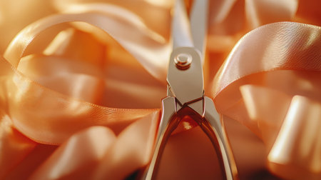 This image showcases elegant gold scissors situated on soft peach satin ribbon, creating a stunning visual ideal for crafts, celebrations, and luxury decor projects.の素材