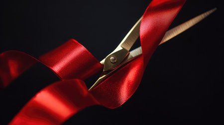 A pair of elegant scissors poised to cut through shiny red satin ribbon, representing celebration and important events against a rich dark background. Perfect for promotional material.の素材