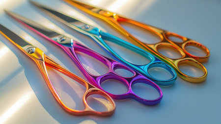 A stunning display of colorful scissors arranged neatly on a smooth surface, highlighting unique designs and vivid shades perfect for crafting, grooming, or artistic projects.の素材