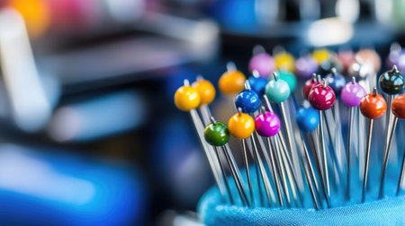 A close-up view of vibrant sewing pins nestled in a soft fabric, perfect for showcasing creativity in various sewing and crafting projects.の素材