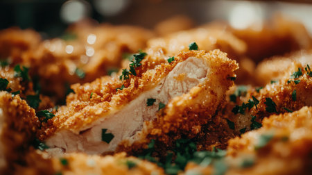 Delight in this close-up view of crispy fried chicken garnished with fresh parsley, showcasing mouth-watering texture and rich flavor for culinary enthusiasts.の素材