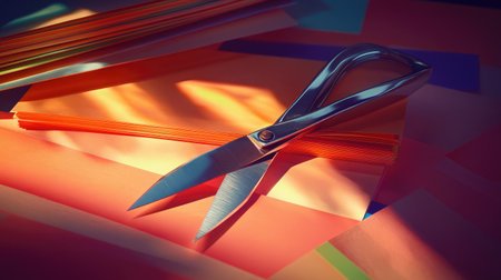 A pair of scissors rests on a colorful array of paper sheets, creating a vibrant scene filled with playful shadows and light. Perfect for design and crafting themes.の素材
