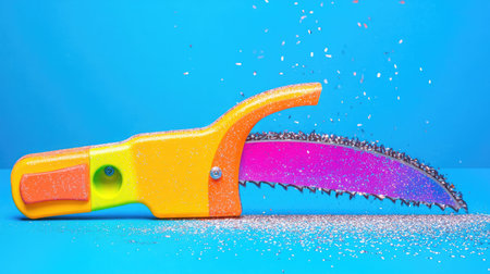 Vibrant and playful toy saw with glitter, resting on a bright blue background. Ideal for creative projects, children's activities, or colorful decorative purposes.の素材
