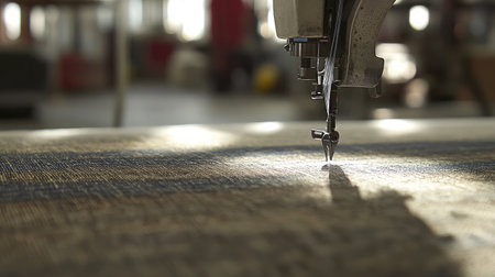 A close-up perspective of a sewing machine in action, focused on the needle stitching through fabric, illuminated by soft natural light in a vibrant workshop setting.の素材