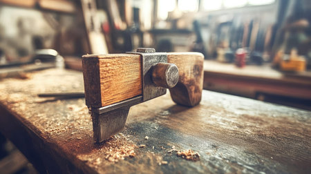 A vintage wooden planer rests on a rustic workbench, emphasizing the artistry of woodworking. The scene captures the spirit of craftsmanship in a traditional carpenter's workshop.の素材