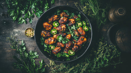 A vibrant dish of grilled chicken wings adorned with fresh herbs and jalapeの素材